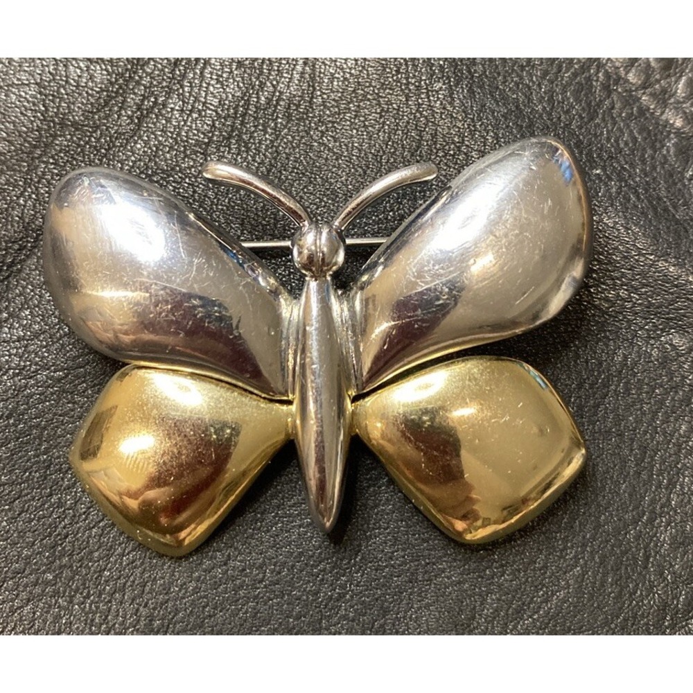VNTG Butterfly Two Tone gold & silver Polished Metal brooch pin Jewelry Adorne